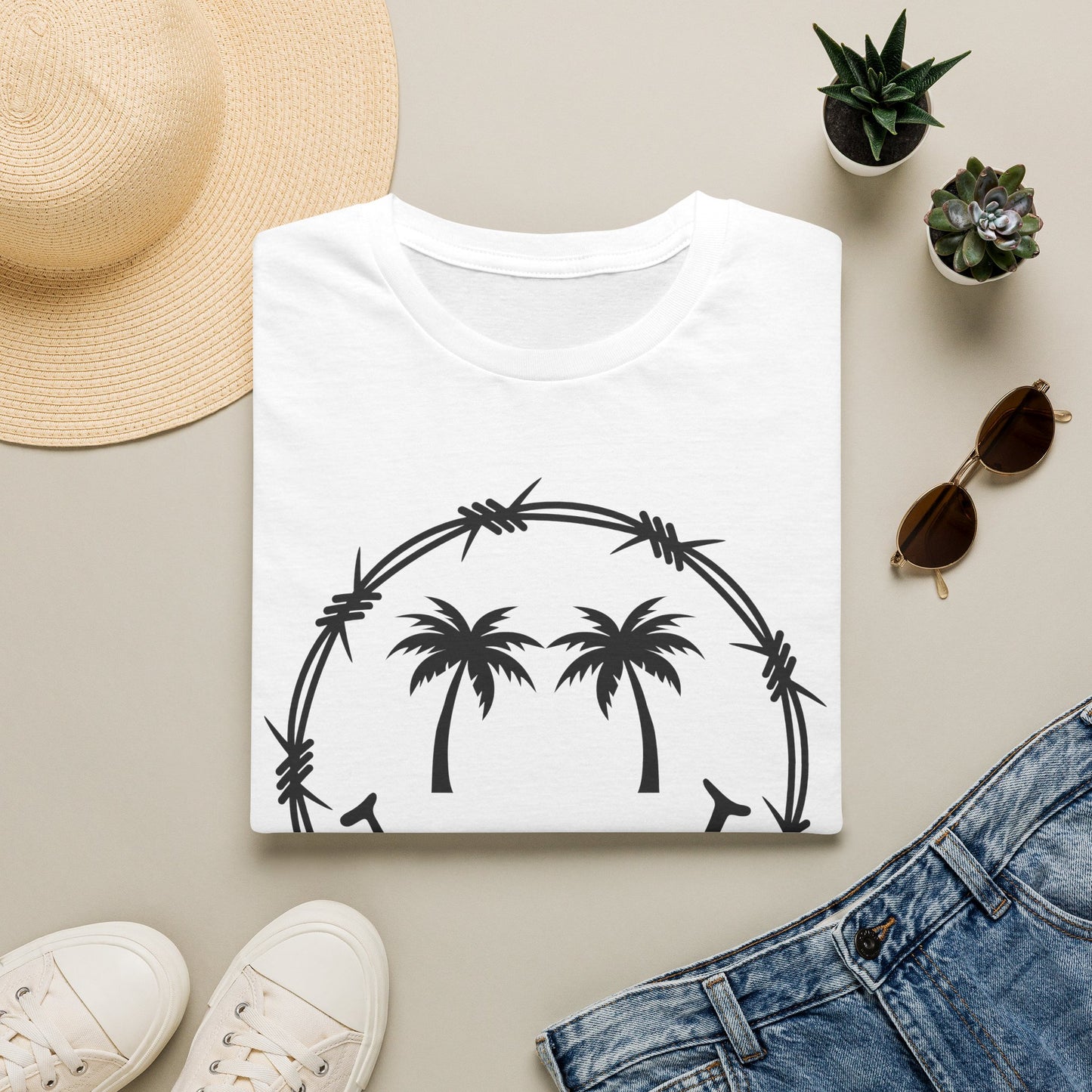 Barbed Wire Smile Palm T-Shirt — Tropical Palm Tree Smile Graphic Tee