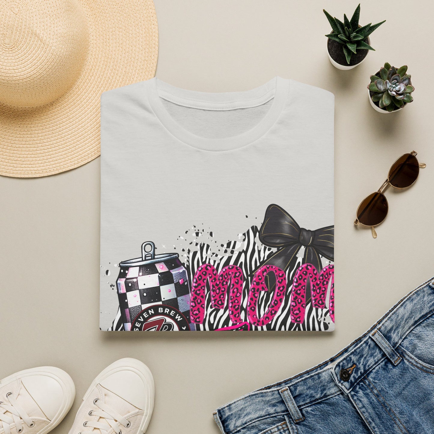 Mom Squad T‑Shirt — Pink Zebra Graphic Tee with Bow & Checkered Can