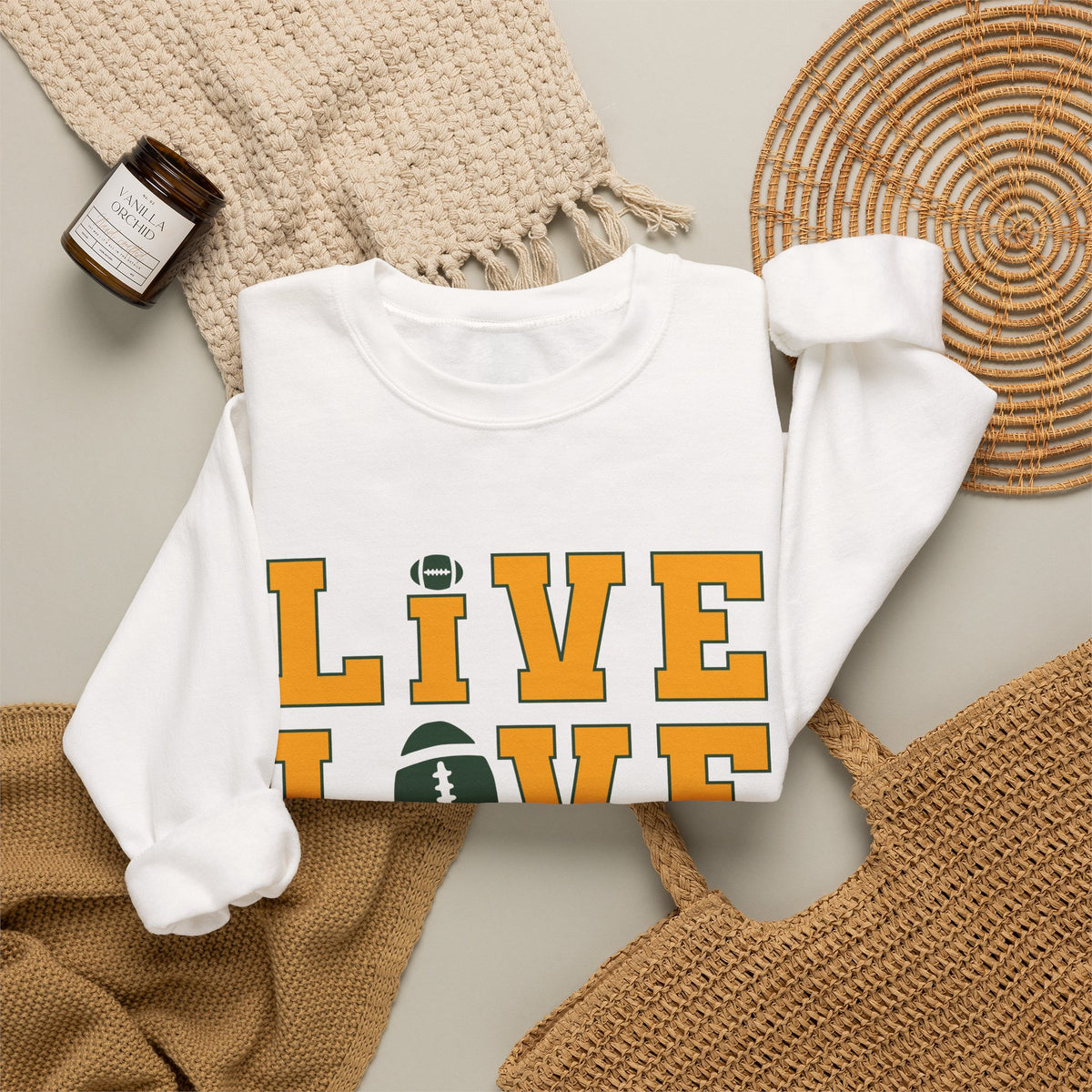 Live Love Packers Football Crewneck Sweatshirt — Green Bay Fan Pullover