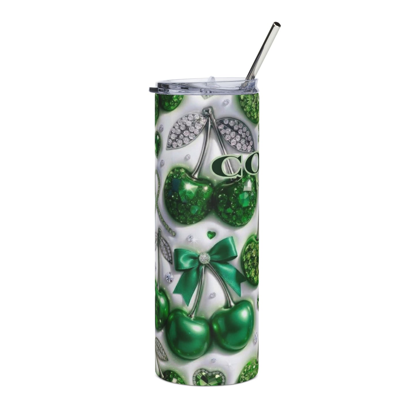Green Cherry Stainless Steel Tumbler — 20oz Sparkle Travel Cup