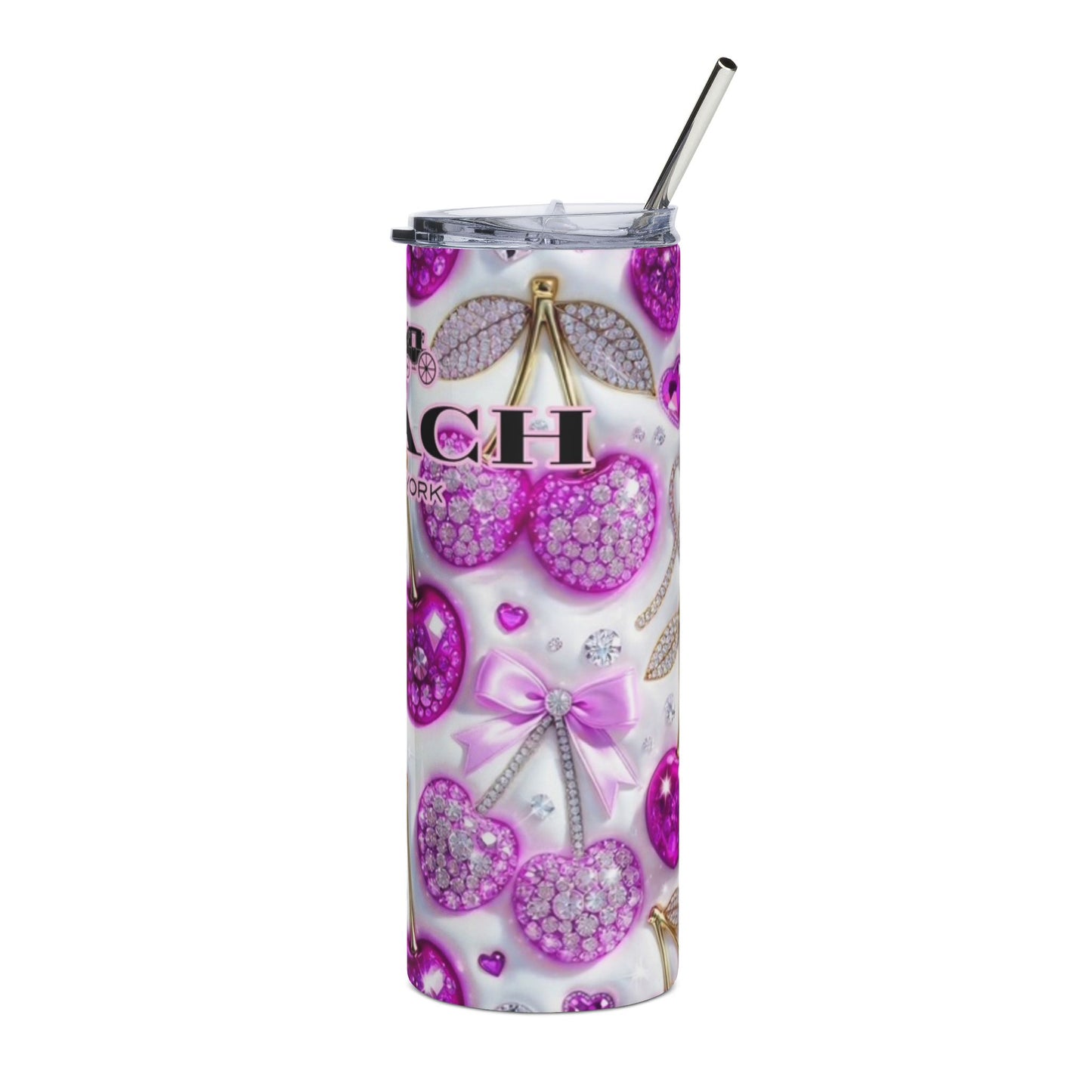 20oz Cherry Rhinestone Stainless Tumbler – Sparkling Pink Coach-Inspired Travel Cup