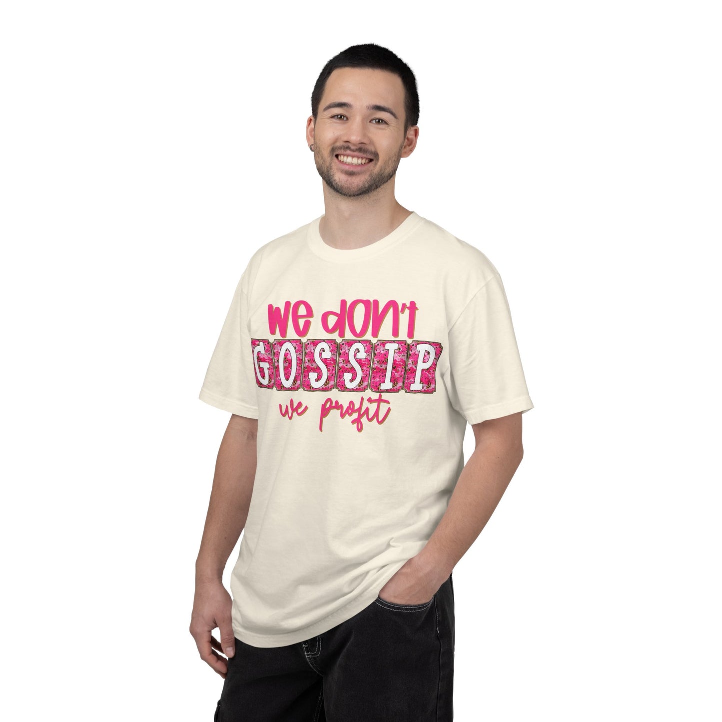 We Don't Gossip We Profit T-Shirt – Funny Pink Script Tee for Entrepreneurs & Girl Bosses