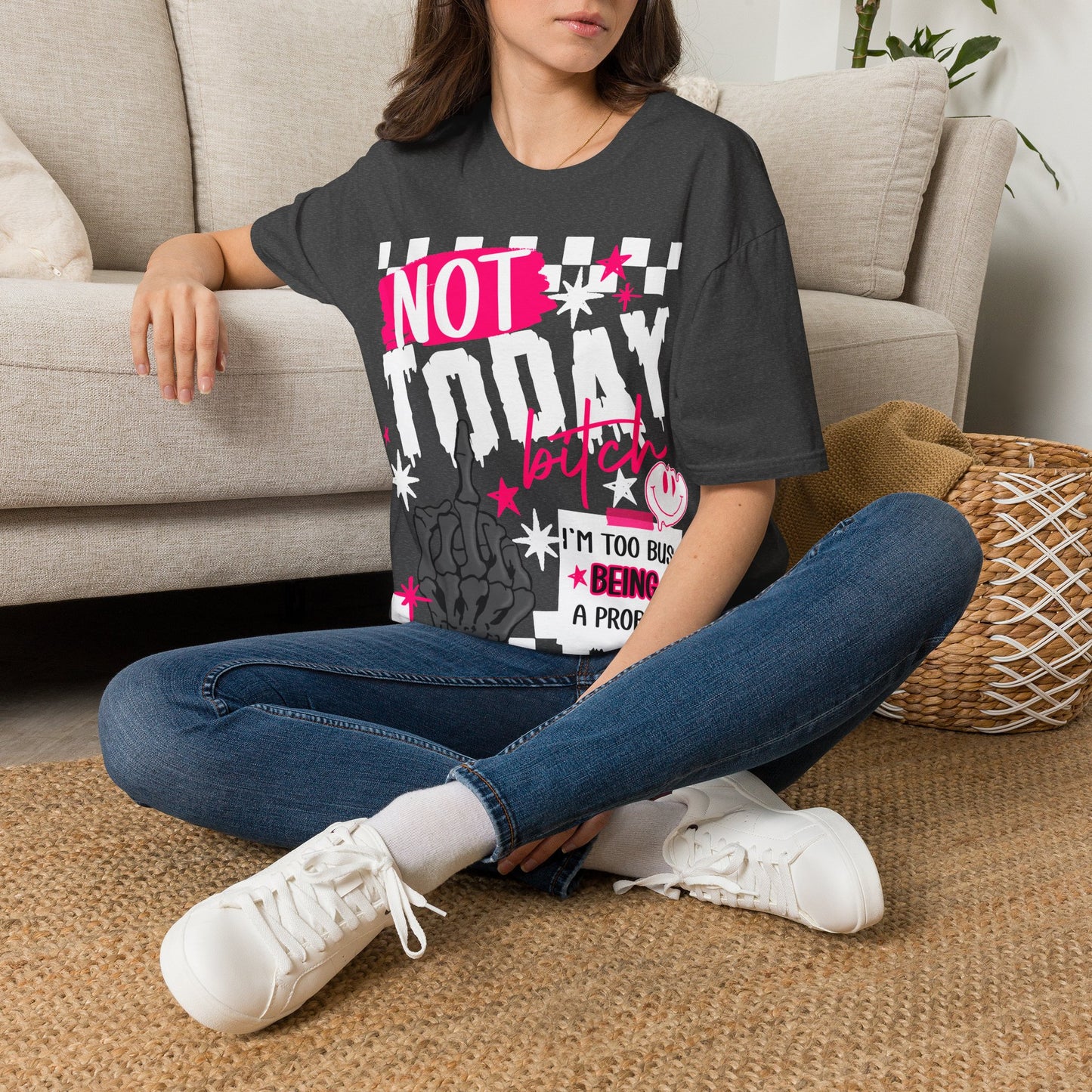 Not Today Tee — Bold Punk Graphic T‑Shirt with Checkerboard & Slogan