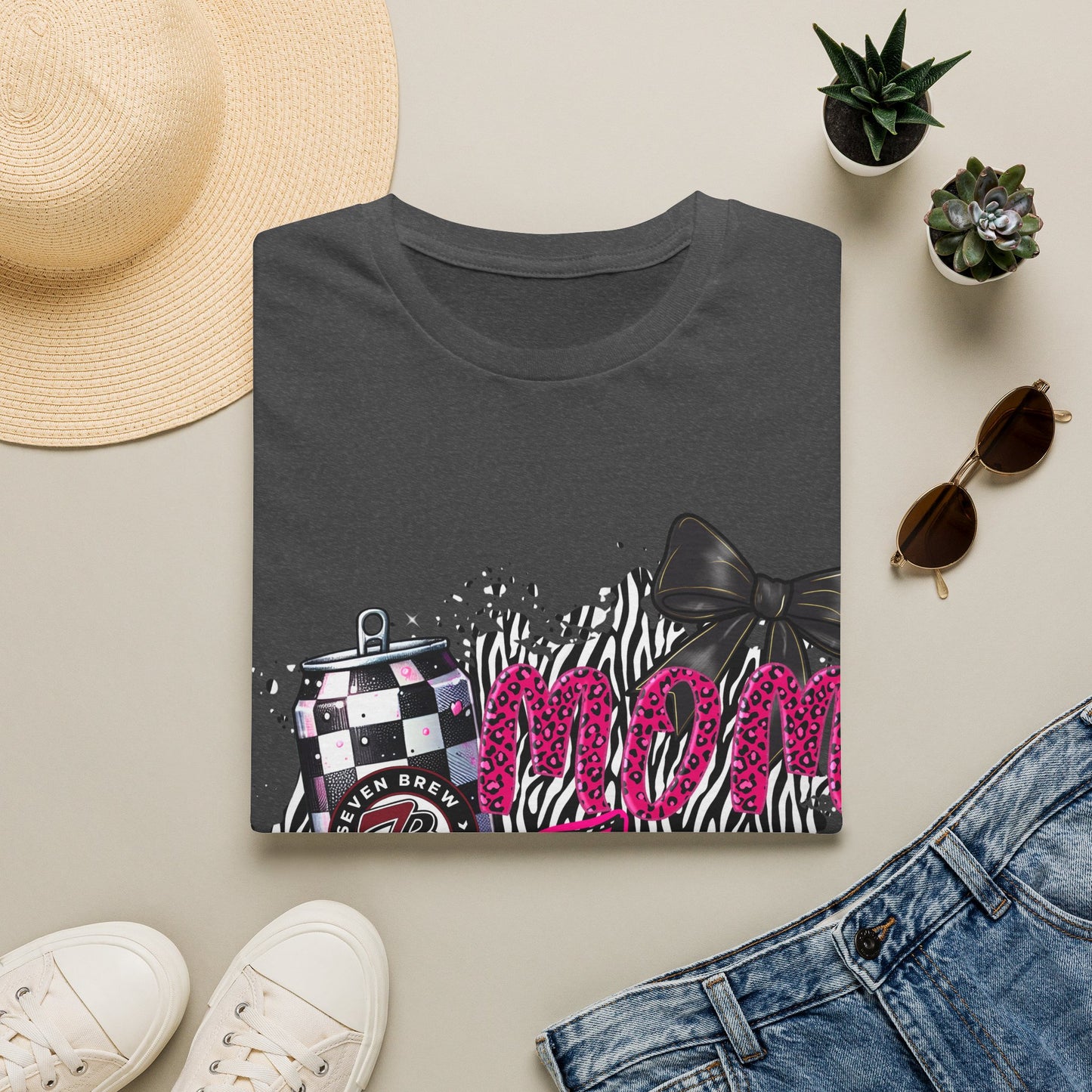 Mom Squad T‑Shirt — Pink Zebra Graphic Tee with Bow & Checkered Can