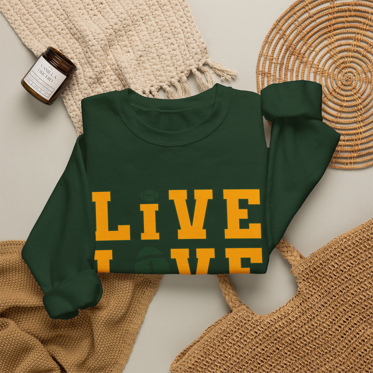 Live Love Packers Football Crewneck Sweatshirt — Green Bay Fan Pullover