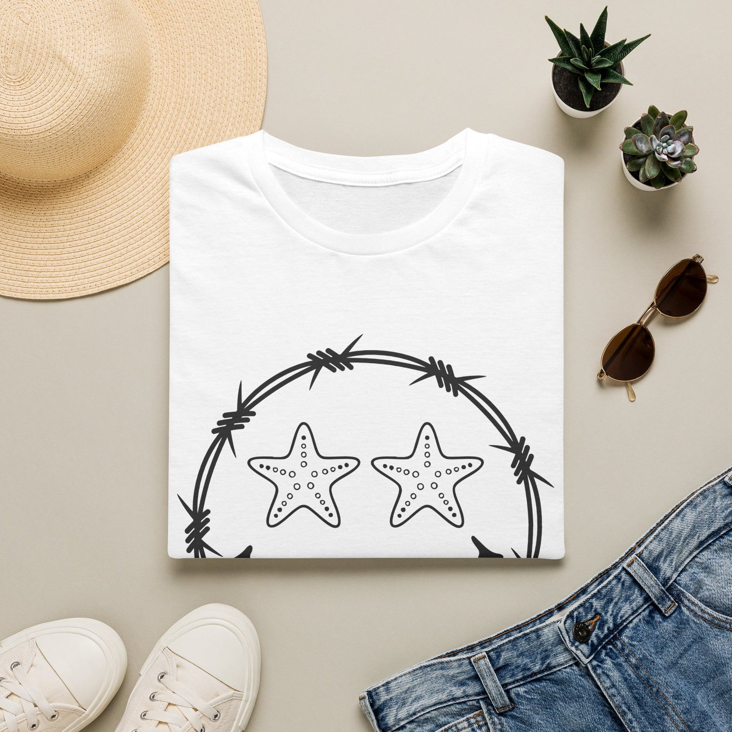 Smiley Barbed Wire Star Eyes Graphic T-Shirt