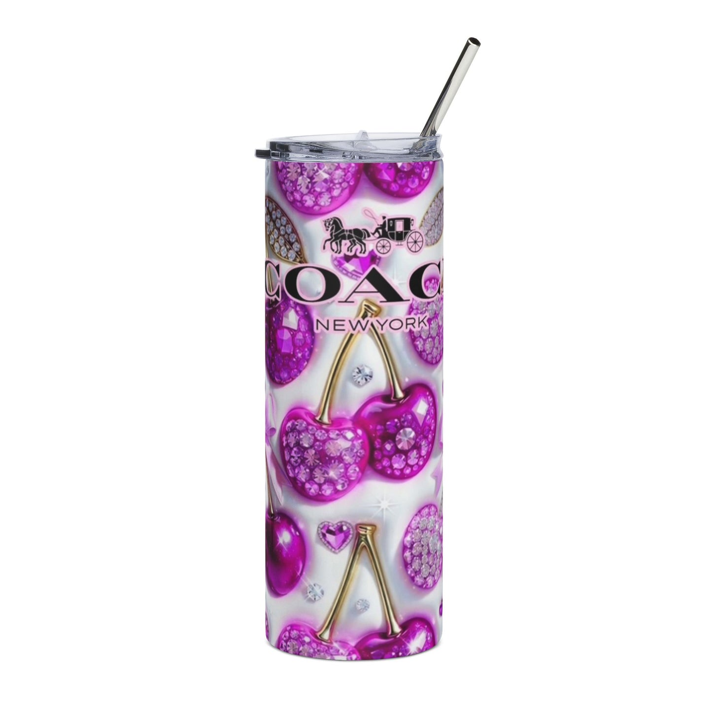 20oz Cherry Rhinestone Stainless Tumbler – Sparkling Pink Coach-Inspired Travel Cup