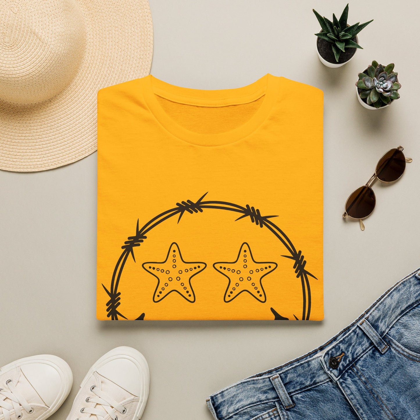 Smiley Barbed Wire Star Eyes Graphic T-Shirt