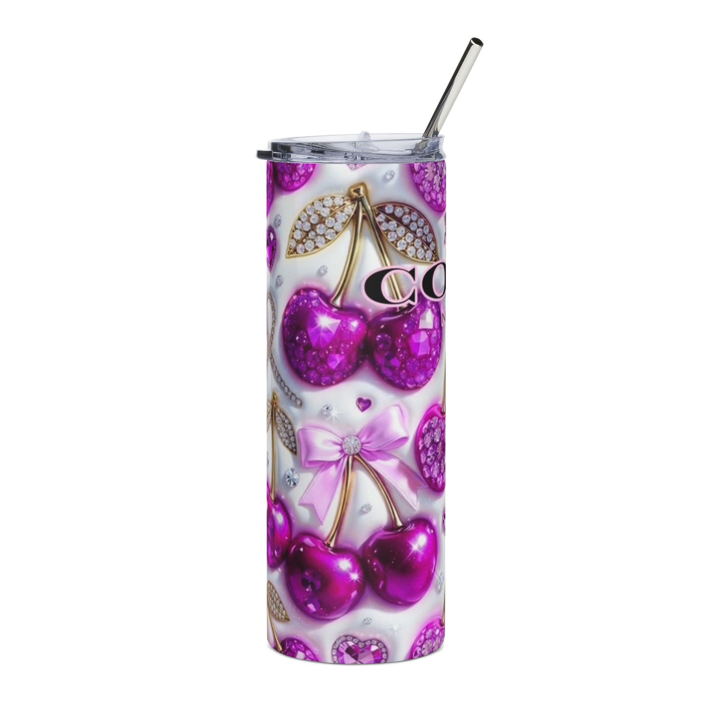 20oz Cherry Rhinestone Stainless Tumbler – Sparkling Pink Coach-Inspired Travel Cup