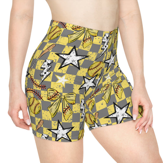 Softball Biker Shorts — Yellow Checker Stars, Bats & Lightning