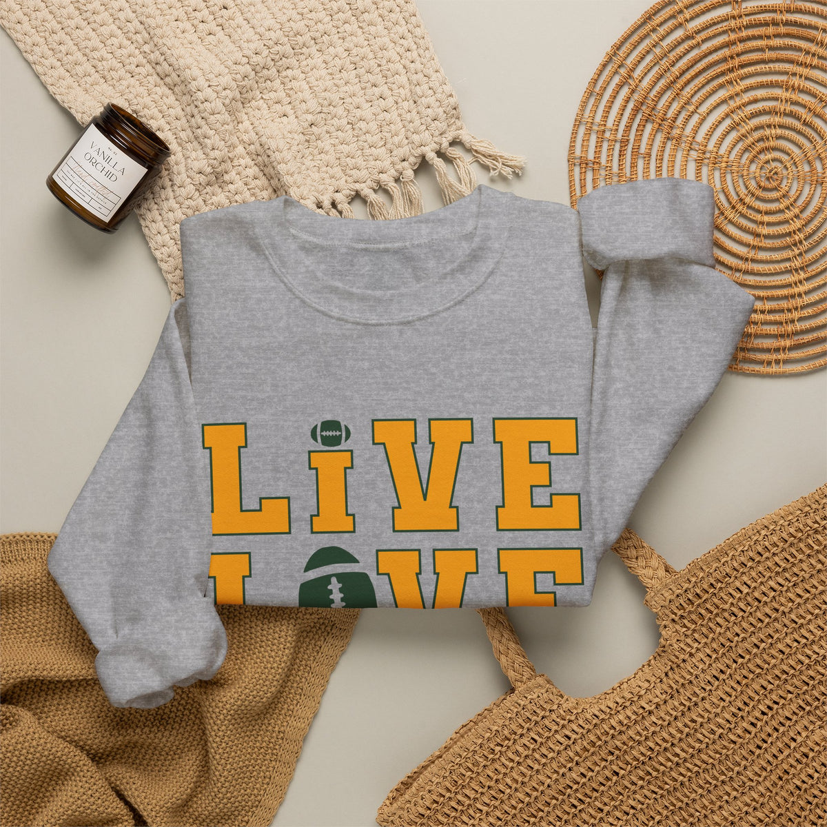 Live Love Packers Football Crewneck Sweatshirt — Green Bay Fan Pullover